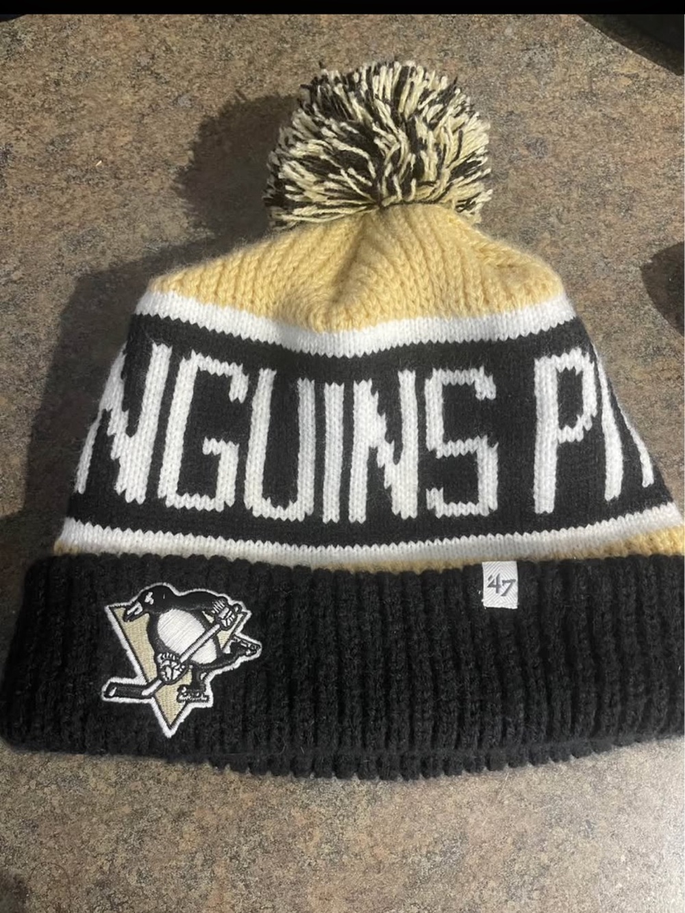 '47 Kids Pittsburgh Penguins Black White & Gold Pom Beanie